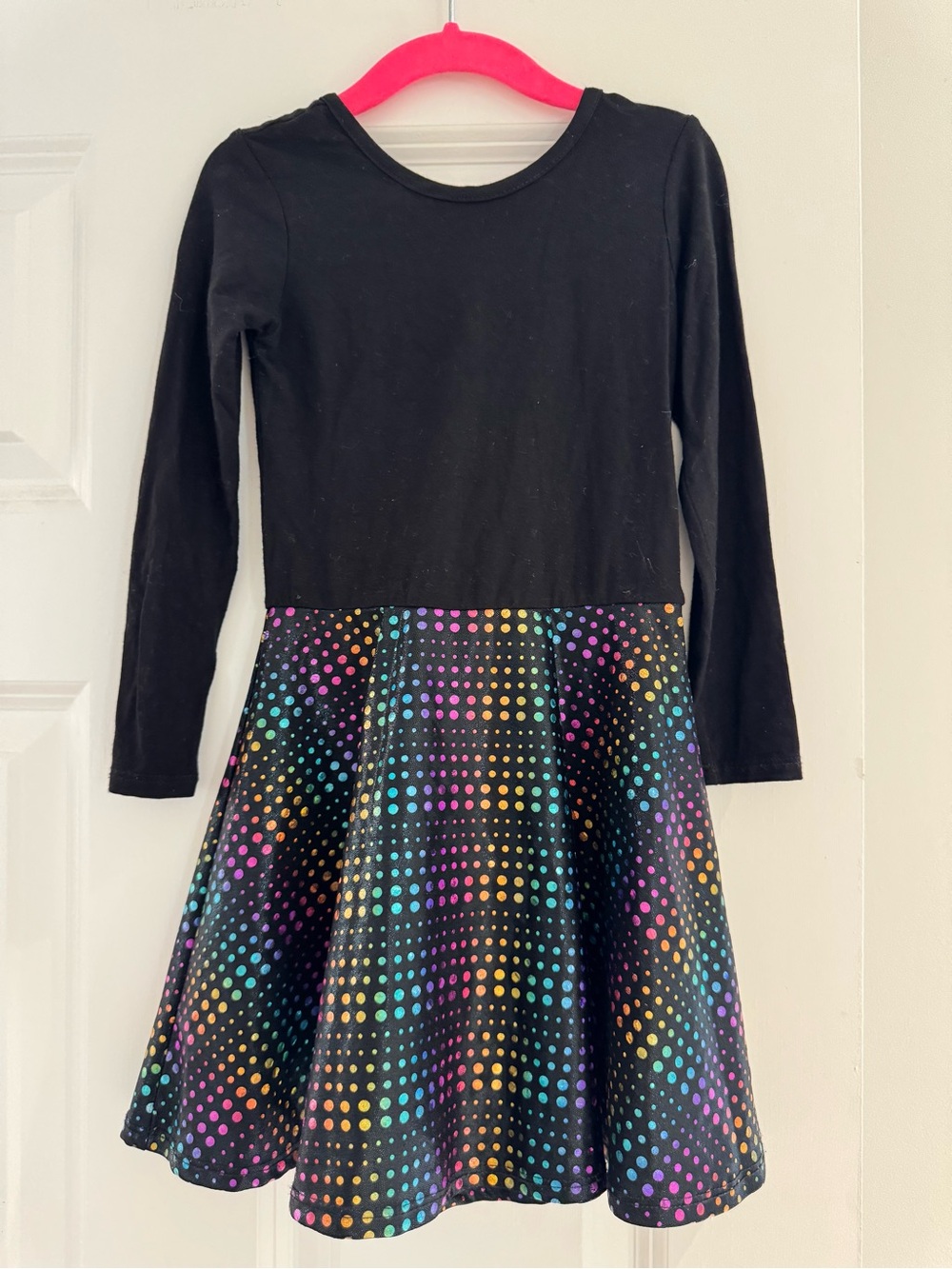 Pixielane Girls' Black Long-Sleeve Dress with Multicolor Dot Skirt